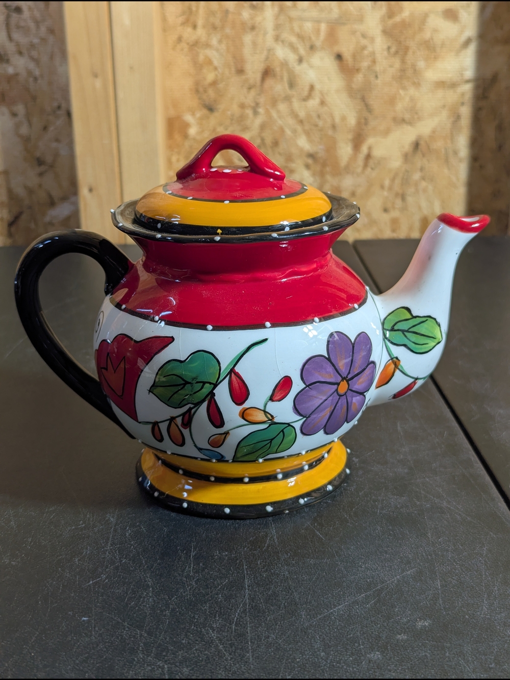 Hand-Painted Floral Ceramic Teapot in Red, Yellow, White by